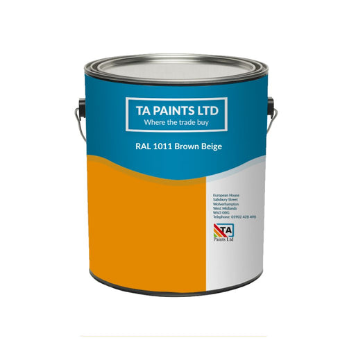 A paint bucket labeled 'RAL 1007 BROWN BEIGE' with a blue and orange color scheme, indicating the paint color and brand, 'TPAINTS LTD'.