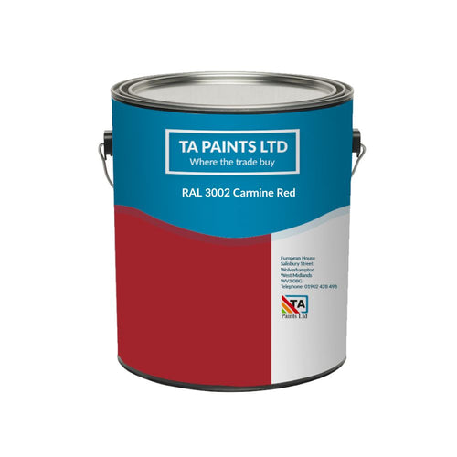A can of RAL 3002 Carmine Red paint with the TA Paints Ltd brand logo and the text 'Where the Trade Buys' on the label.