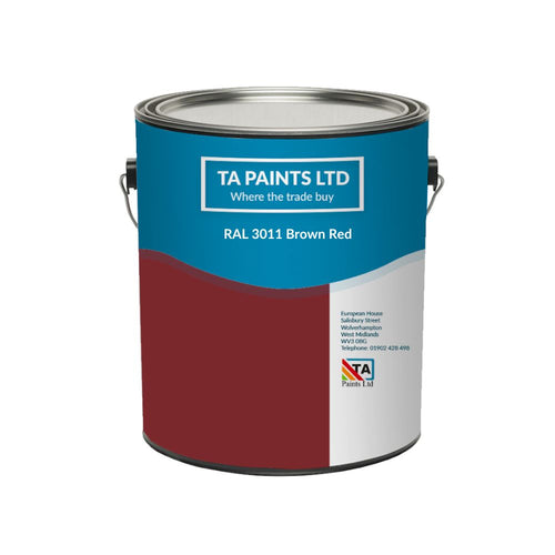 A can of RAL 3011 Brown Red paint with the TA Paints Ltd branding on it.