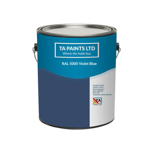 A 5L can of RAL 5000 Violet Blue Paint by TA Paints Ltd., indicating a vibrant blue color with a label that includes the company name and paint details.