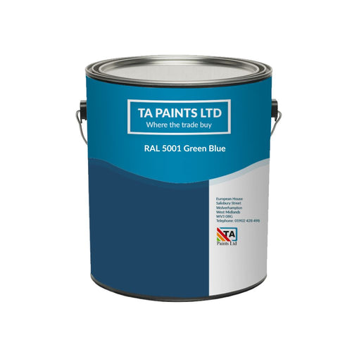 A can of RAL 5001 Green Blue Paint by TA Paints Ltd., indicating it is a universal PU enamel suitable for a trade buy.
