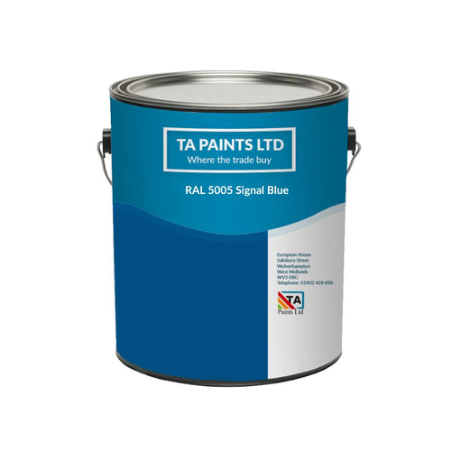A can of RAL 5005 Signal Blue Paint by TA Paints Ltd., indicating a vivid blue color with a label that includes the company name and contact details.