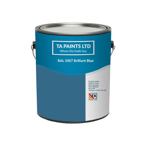 A can of RAL 5007 Brilliant Blue Paint by TA Paints Ltd., indicating a vibrant blue color with a label that includes the company's branding and the product name.